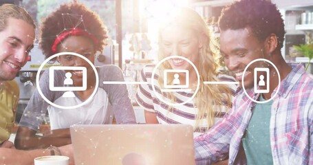 Poster - Animation of icons connected by line and dots forming shapes over diverse friends looking in laptop