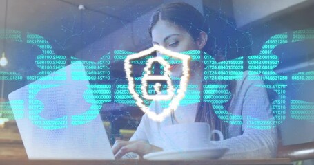Poster - Animation of padlock in shield, numbers in blockchain, connected dots, caucasian woman using laptop