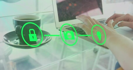 Poster - Animation of online security icons over woman using laptop