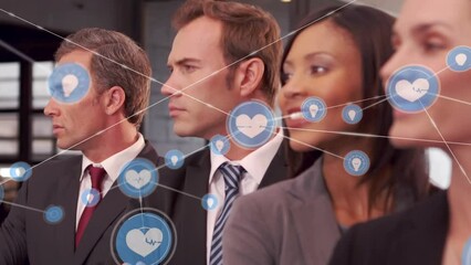 Poster - Animation of network of connections with icons over business people in office