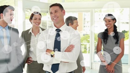 Poster - Animation of network of connections with icons over business people in office
