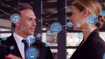 Poster - Animation of network of connections with icons over business people in office
