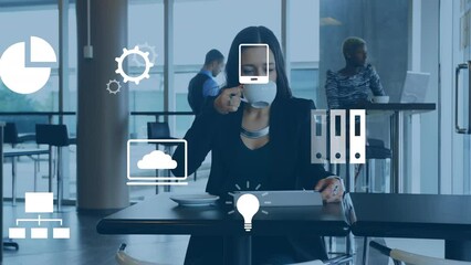 Poster - Animation of digital icons and financial data processing over business people in office