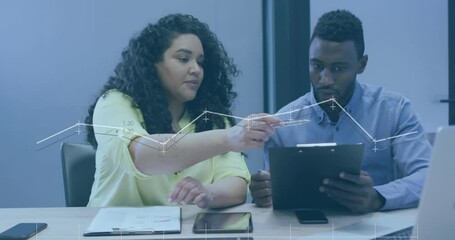 Poster - Animation of network of connections and data processing over business people in office