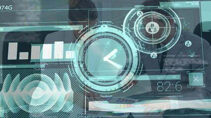Poster - Animation of clock and data processing over business people