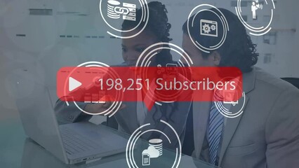 Poster - Animation of subscribe text and network of connections with icons over business people