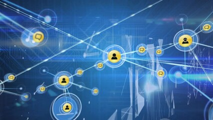 Poster - Animation of network of connections with icons and data processing over computer servers