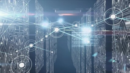 Poster - Animation of network of connections with icons and data processing over computer servers