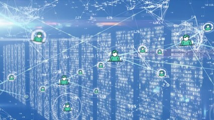 Poster - Animation of network of connections with icons and data processing over computer servers