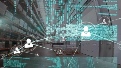 Poster - Animation of network of connections with icons and data processing over warehouse