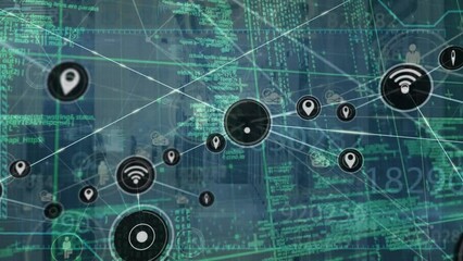 Poster - Animation of network of connections with icons and data processing over computer servers