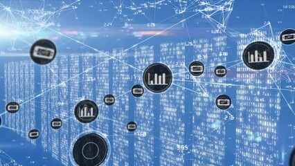 Poster - Animation of network of connections with icons and data processing over computer servers
