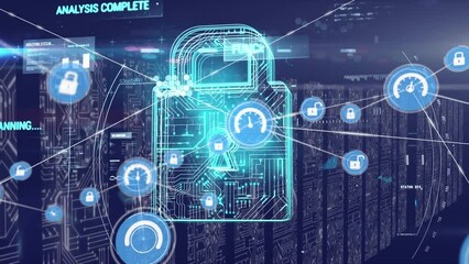 Poster - Animation of padlock, network of connections with icons and data processing over computer servers