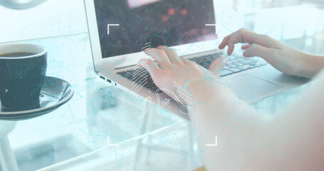 Poster - Image of biometric fingerprint, data processing over woman using laptop