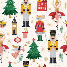 Merry Christmas, New Year Seamless Pattern Set With Ballerina, Mouse King And Nutcracker. Christmas Card With Three And Toys