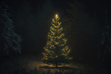 Sticker - An illuminated christmas tree with glowing lights in the middle of a forest. Generative ai