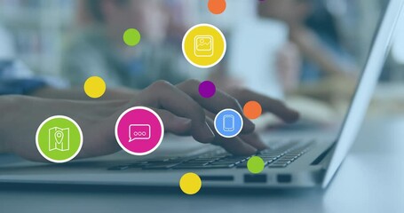 Poster - Animation of network with icons and data processing over laptop