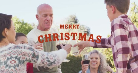 Poster - Animation of christmas greetings text over caucasian family at christmas table