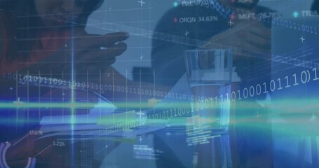 Poster - Animation of binary coding and financial data processing over business people in office