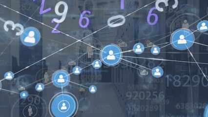 Poster - Animation of connected icons with lines and numbers moving with radar over server room