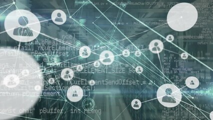 Poster - Animation of connected icons with lines and programming language over server room