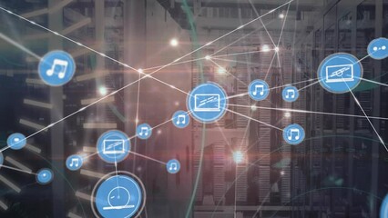 Poster - Animation of 5g text, connected icons, lines moving in circular motion, lens flare over server room