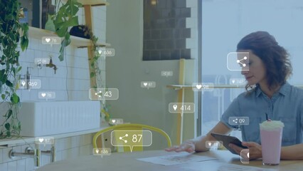 Poster - Animation of network of social media icons over businesswoman working in office