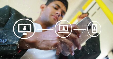 Poster - Animation of icons in circles and connected dots over caucasian young man using cellphone in train