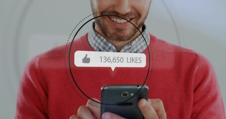 Poster - Animation of like icon with increasing numbers in circles over caucasian happy man using cellphone