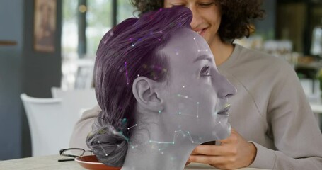 Poster - Animation of connected dots, portrait of caucasian woman, over biracial man using cellphone at cafes