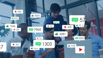 Poster - Animation of social media icons and data processing over business people in office