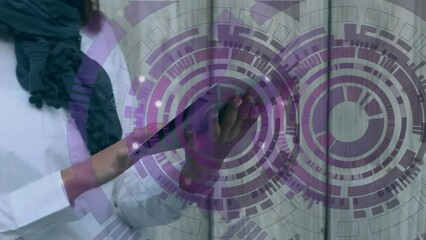Poster - Animation of data processing over woman using tablet