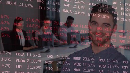 Poster - Animation of trading board, smiling caucasian manager looking at diverse coworkers in office
