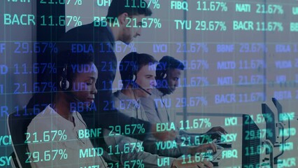 Poster - Animation of trading board, multiracial manager checking on coworkers working on desktops at office