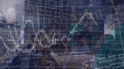 Poster - Animation of trading board, graphs, buildings, diverse female basketball players stretching at court