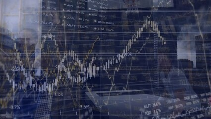 Poster - Animation of graphs, numbers, trading board and building over diverse players playing basketball