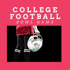 Canvas Print - Composition of college football bowl game text and caucasian male player holding helmet