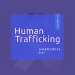 Image of human trafficking awareness day over violet background with ribbon