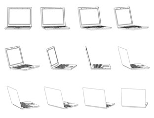 Poster - Set with contours of an open laptop turning around from black lines isolated on a white background. 3D. Vector illustration.