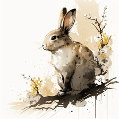Wall Mural - A rabbit with blossom flower, year of the rabbit design background