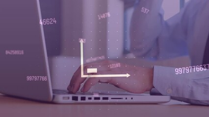Poster - Animation of bar graph icon and changing numbers over mid section of businessman using laptop
