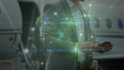 Poster - Animation of network of connections over businessman by plane