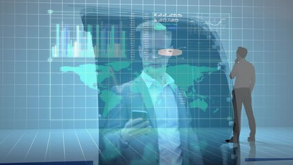 Poster - Animation of network of connections over businessman by plane