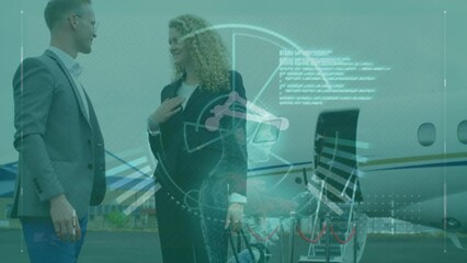 Poster - Animation of network of connections and data over business people by plane