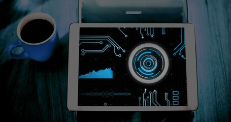 Poster - Animation of motherboard and circular scanner processing data on screen of tablet on desk