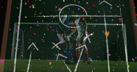 Poster - Animation of diverse male soccer players over stadium drawing