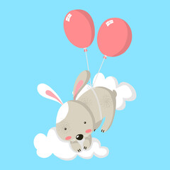 Illustration of a little rabbit hanging from two balloons and flying in the sky