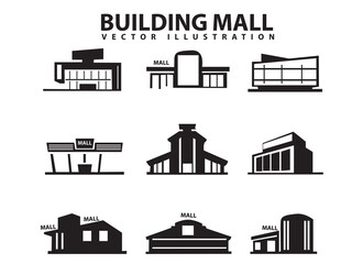 vector set of building mall Silhouettes diferent style on white background