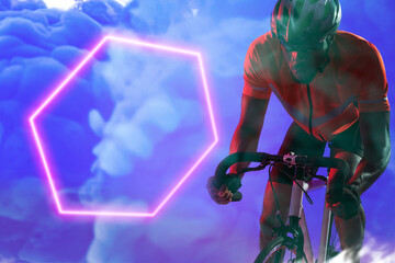 Poster - African american male cyclist riding bicycle with illuminated hexagon against blue smoke
