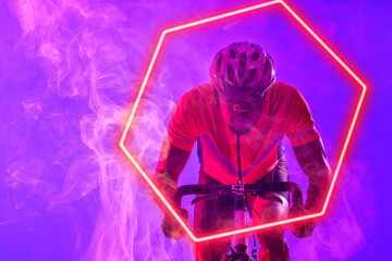 Poster - African american man riding bicycle with illuminated hexagon on purple background, copy space